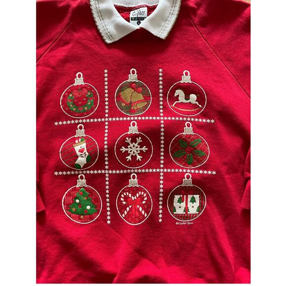 Vintage 80s Christmas Ornament Sweatshirt w/ Collar size L - Picture 2 of 5